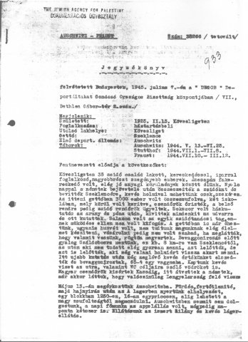 Részlet a Deportáltakat Gondozó Országos Bizottság által felvett jegyzőkönyvekből (Forrás: DEGOB-jegyzőkönyvek: 933, MZSL)
